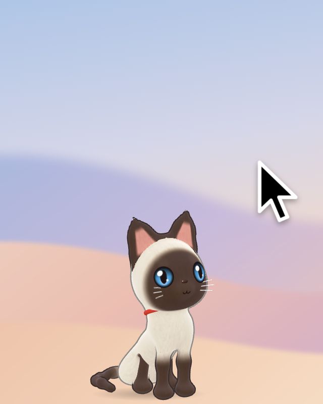 The pointer strokes a siamese cat, which closes its eyes while hearts float up