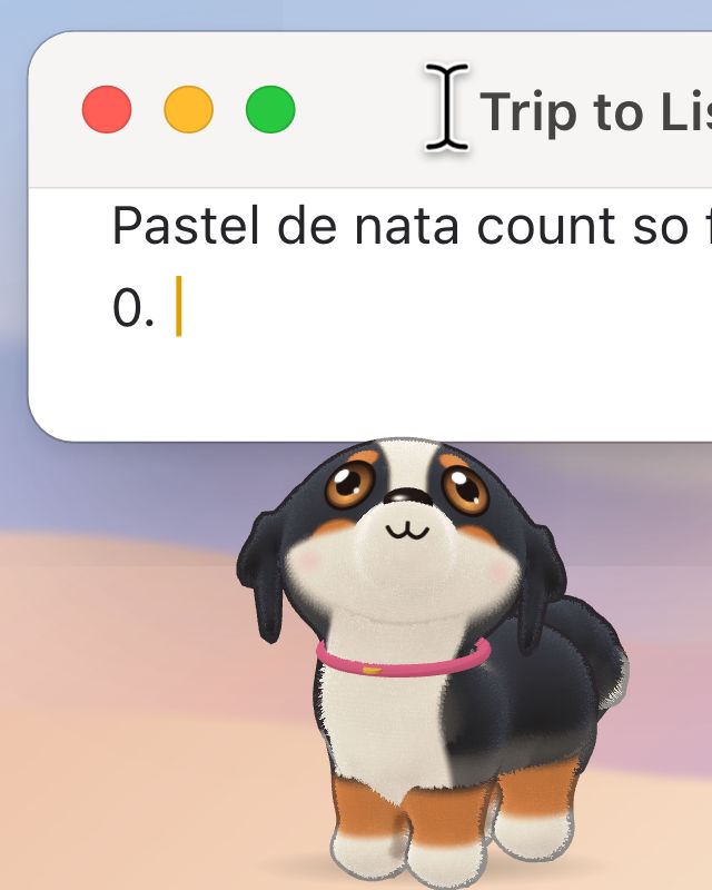 A Bernese mountain dog sits under a notes window while someone types