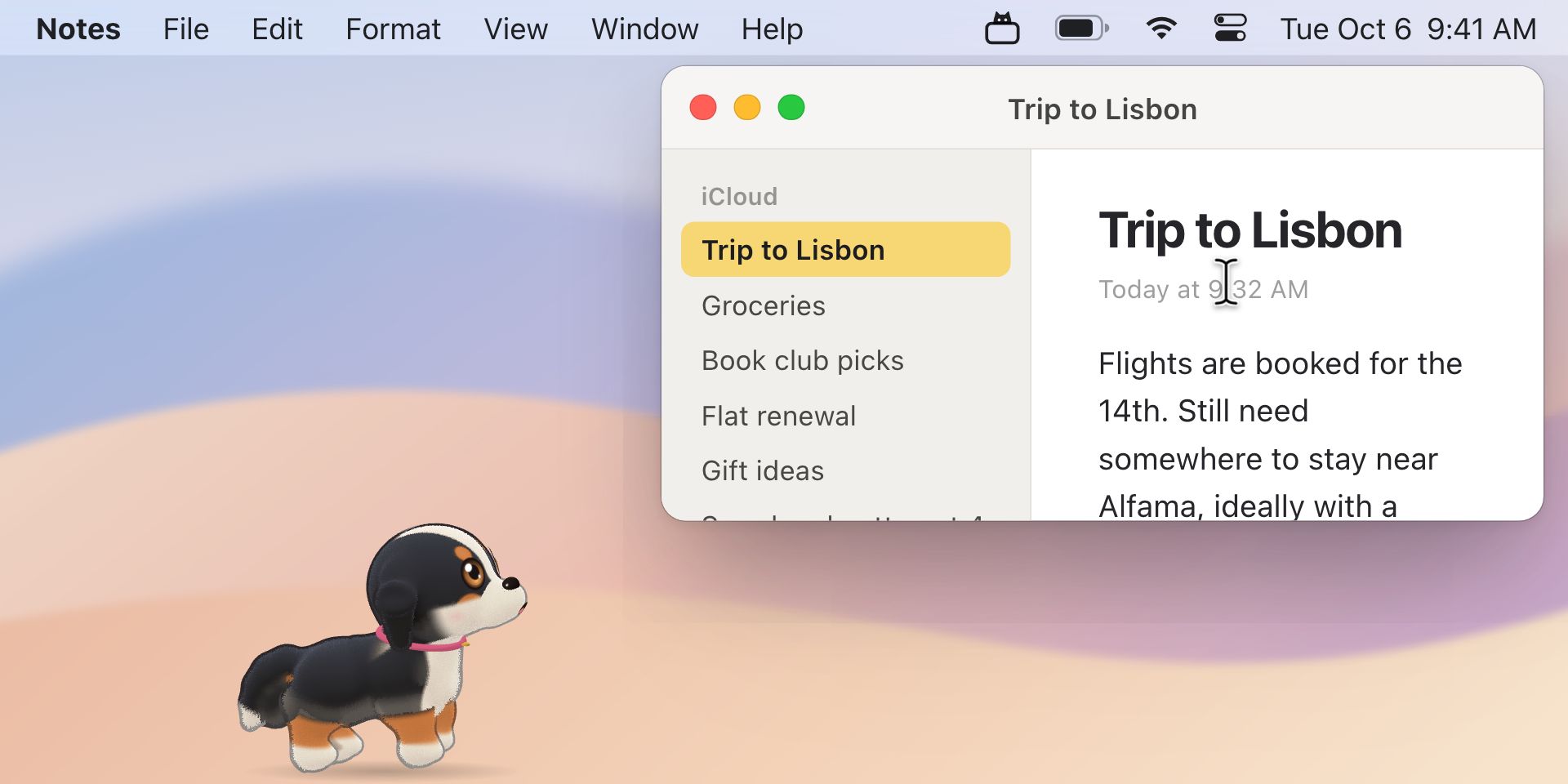 A small Bernese mountain dog walks onto a Mac desktop, looks around, notices the pointer and sits down beside an open Notes window