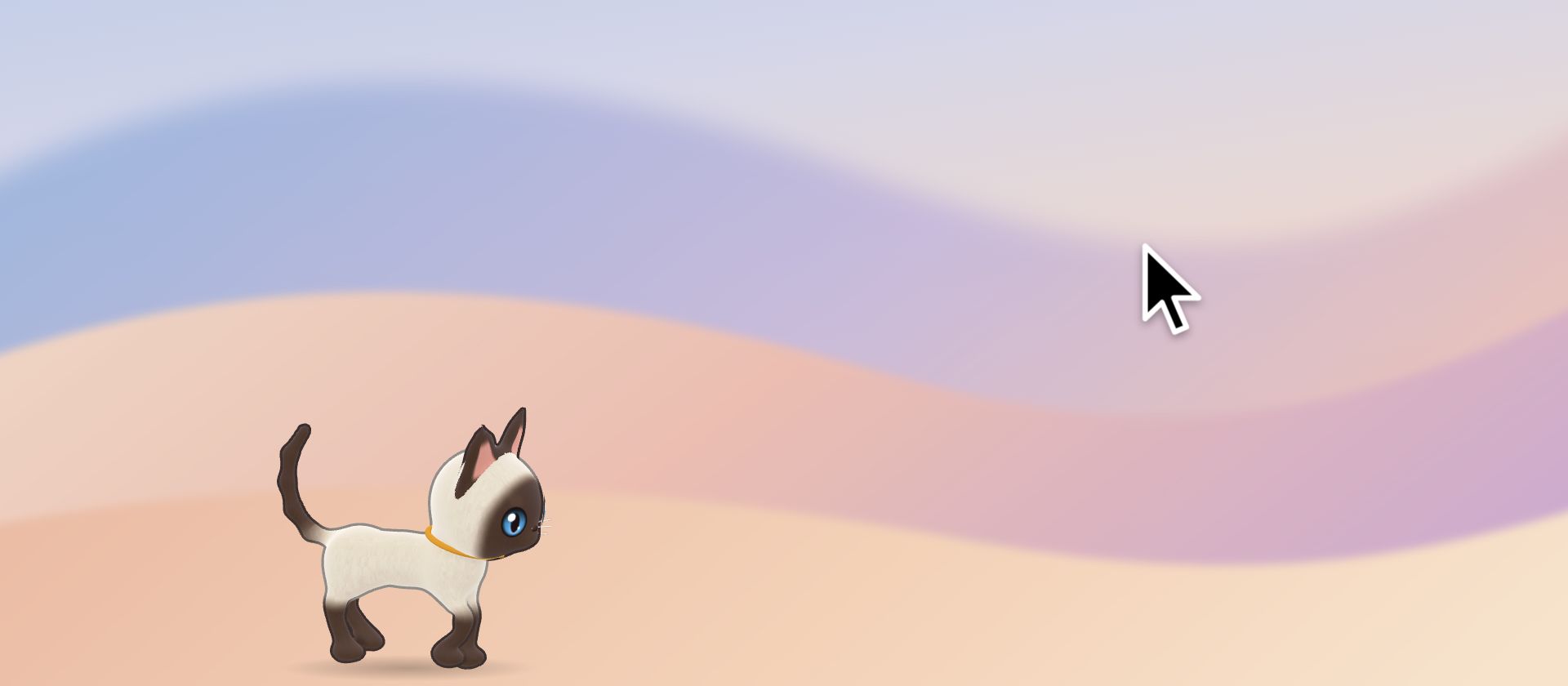 A Siamese cat strolls in along the bottom of the screen, sniffs, and looks at the pointer